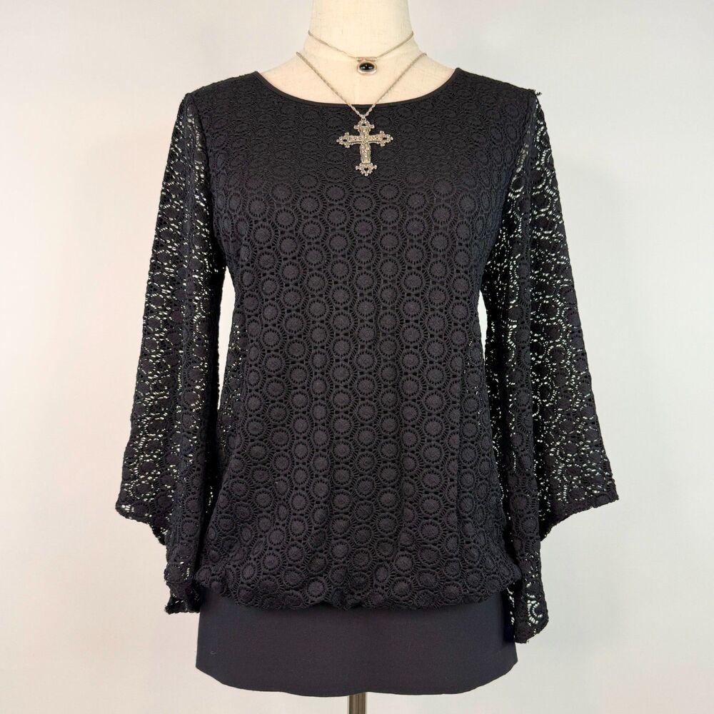 90s Alfani Mesh Lace Scoop Neck Blouse 3/4 Wide Sleeve Whimsygoth Fairy Grunge S